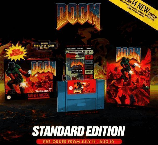 复古风格的超任卡带包装盒，展示着经典的毁灭战士LOGO与武器图案