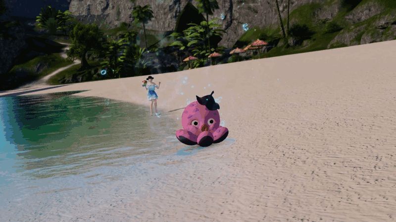 使用水枪后的搞笑变身效果，角色变成八爪乱舞的小章鱼