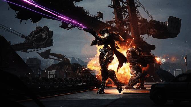 《钢铁猎手》战斗场景截图，两名玩家操控的机甲正火力全开对战敌方单位