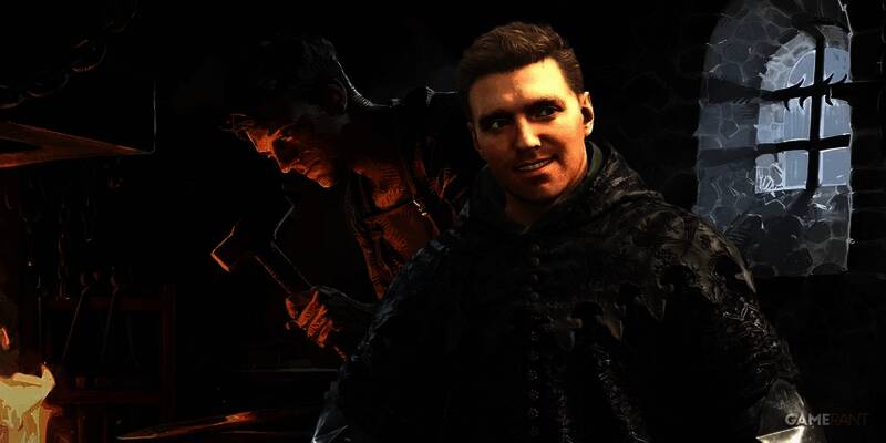 《天国：拯救2》游戏场景截图，展示中世纪风格的铁匠铺与锻造画面