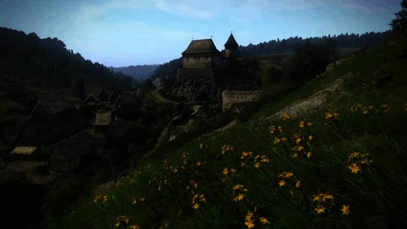 游戏角色在城镇中挑选房屋的画面，背景为中世纪风格建筑群