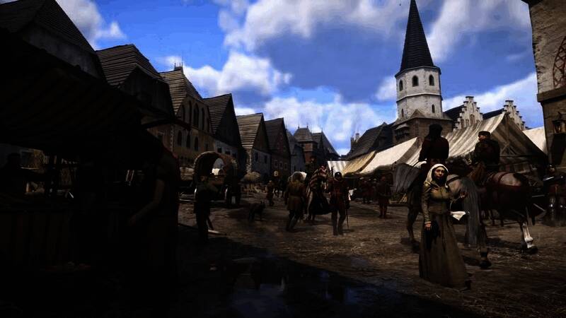 角色手持地图站在城墙上俯瞰城市全景，展现广阔的开放世界