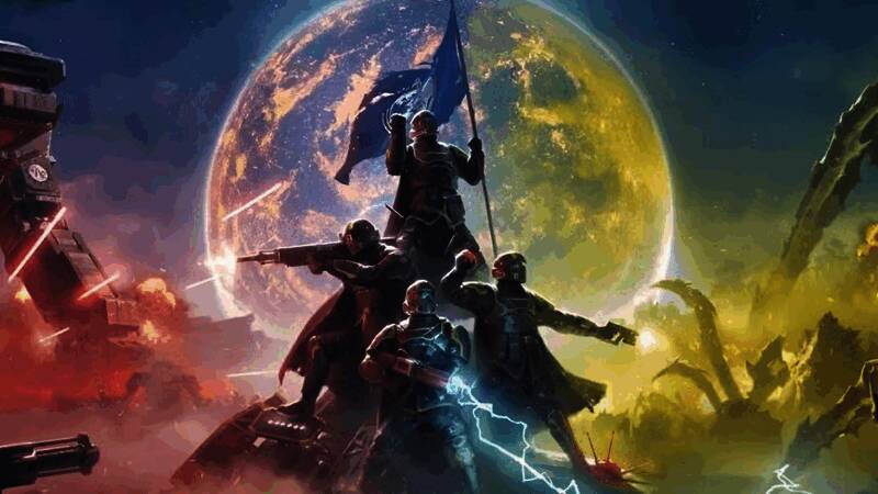 玩家在《绝地潜兵2》中组成小队，面对巨型BOSS展开激战