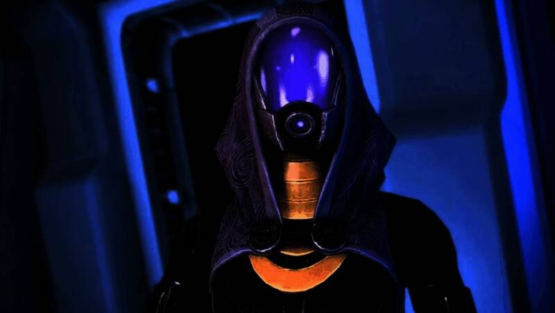 《质量效应4》概念图，展示主角与外星种族对峙的未来科技场景