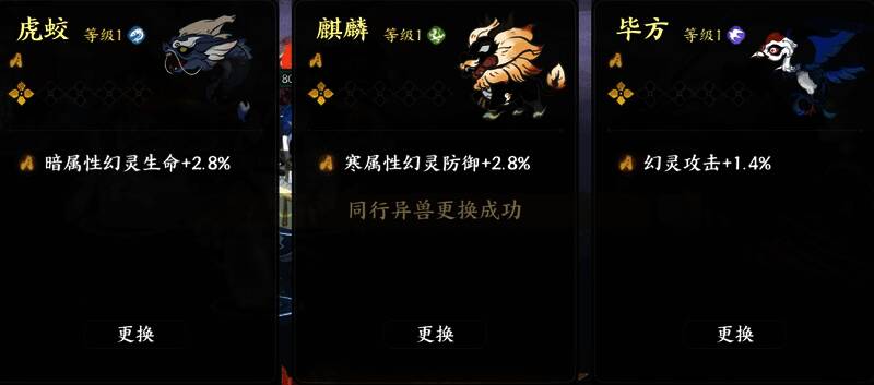 战斗型异兽对比图，展示不同天赋对幻灵属性的影响