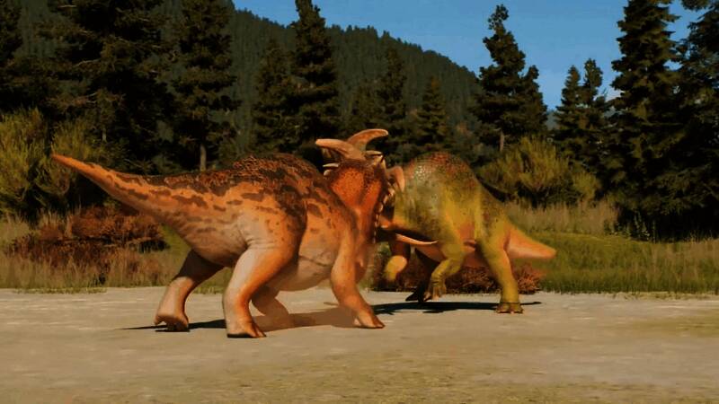 两只雄性洛基角龙激烈角斗瞬间，展现其竞争本能