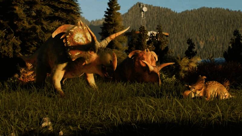 游戏界面操作示意图，显示恐龙栖息地配置与数据分析功能