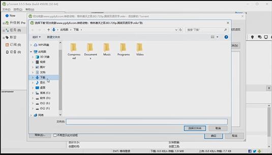 下载路径设置窗口，展示详细的目录选择和确认按钮