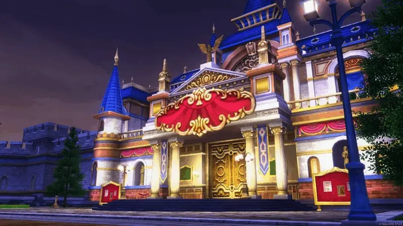 游戏中的格兰泽多拉剧院外观，一座宏伟壮丽的古典建筑，周围环境精致细腻