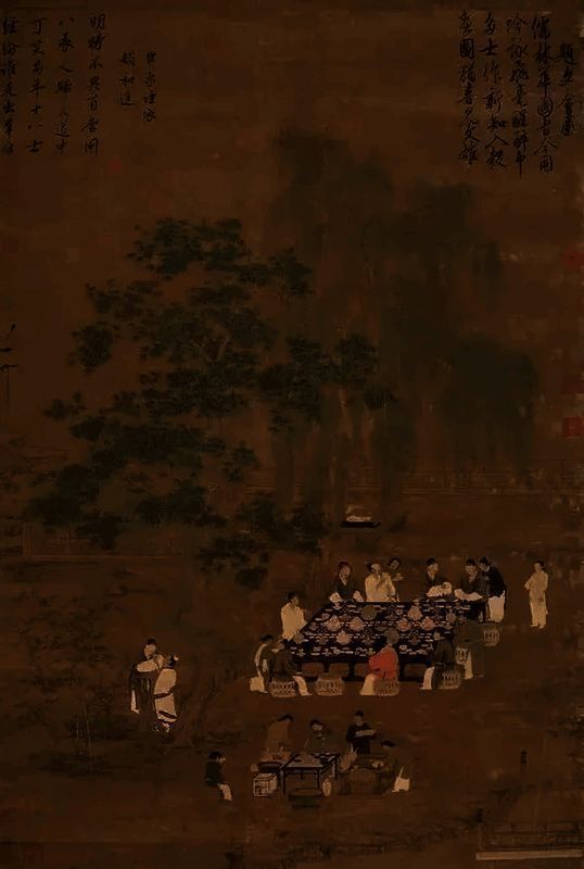 《文会图》中描绘的宋代文人点茶宴饮场景，人物围坐，茶具精致，氛围雅致