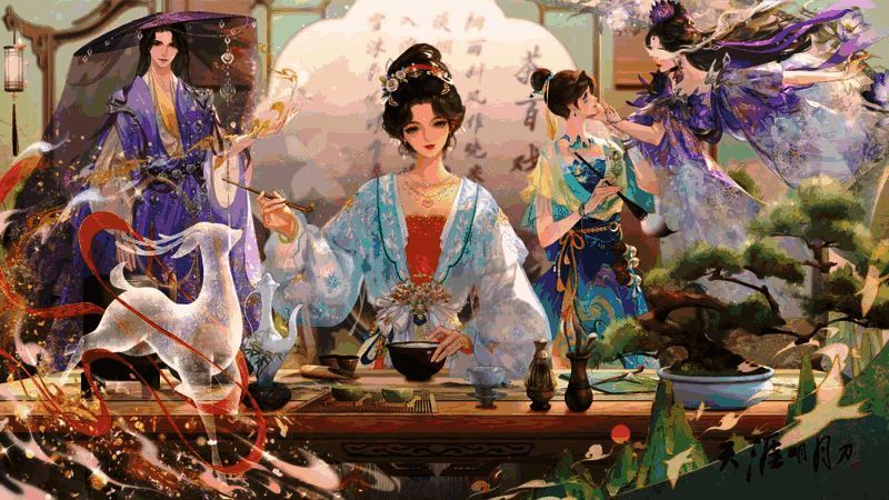 【心王·点翠涛】外观展示，服饰以青瓷色调为主，搭配茶具元素，整体风格雅致古风