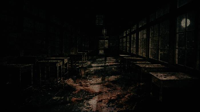 废弃教室内部场景，破败桌椅与散落的书包暗示过往事件