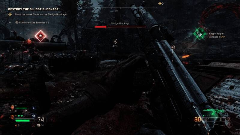 四名角色组成小队，在废墟中持枪对战变异怪物，硝烟弥漫