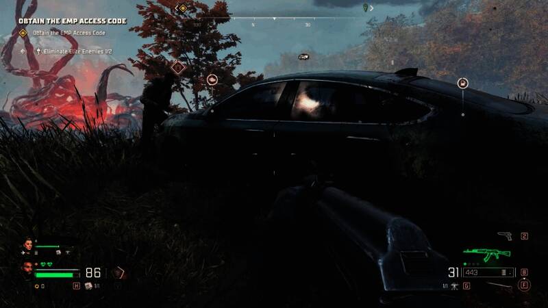 战斗中角色使用爆炸箭射击巨型变异体，特效炫目