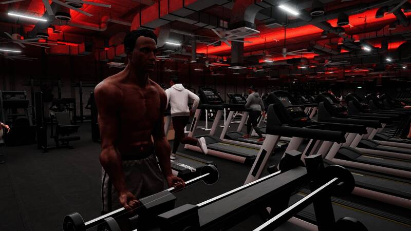 两名角色在健身房中进行力量训练，表情专注，器材细节逼真