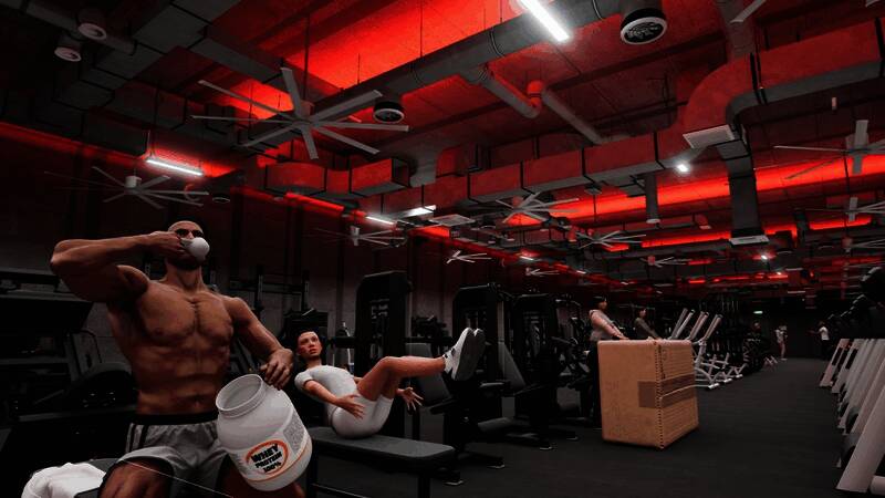 角色在家中使用哑铃训练，室内布置温馨，营造居家健身氛围