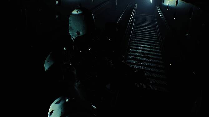 角色手持探测设备在月球基地中谨慎前行，周围散落着破损家具和设备残骸