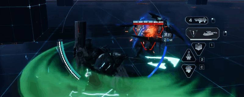 《解限机》中赤霄机甲与黑豹激烈对战的画面，赤霄正在进行风车反制动作