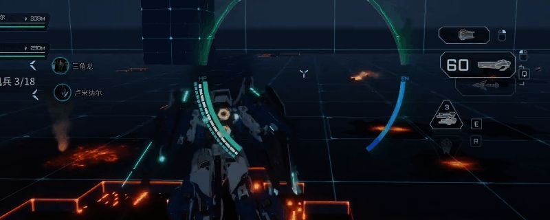 游戏中试飞员挑战第十关画面，机甲在复杂地形中与多个敌人交战