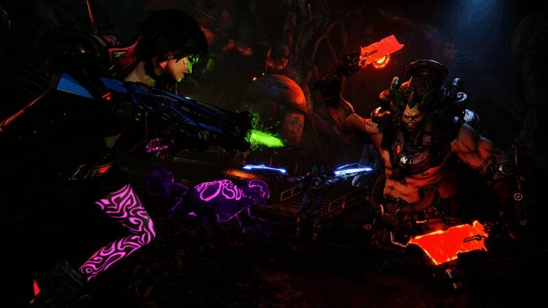 《无主之地4》游戏场景，角色站在废土边缘眺望远方，背景中可见神秘遗迹与怪物出没