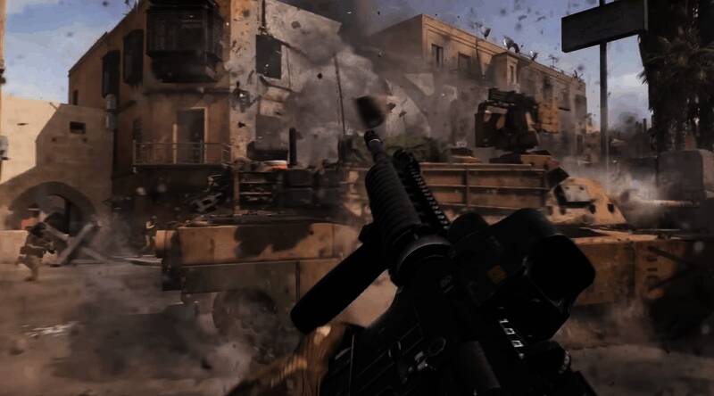 《战地6》游戏画面，展现海滩登陆战斗场景，士兵手持武器冲锋，背景为硝烟弥漫的战场