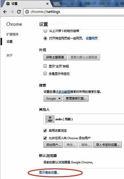 谷歌浏览器高级设置界面展示