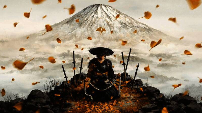 《羊蹄山之魂》游戏场景截图，显示主角笃身穿传统服饰，在雪地中持剑前行，远处可见日本风格建筑