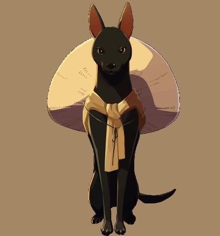 黑色毛发闪耀光泽的狗形神灵，目光坚定