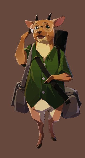 拄拐杖的老山羊形神灵，背着相机包和行李