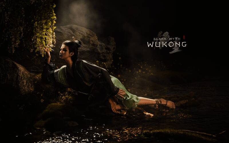 四妹卧于溪边轻嗅花朵的艺术画面，背景流水潺潺，画面唯美细腻