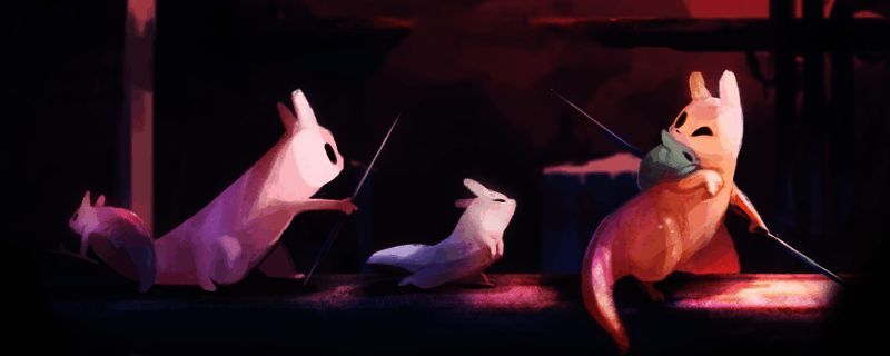 《雨世界》游戏场景截图，展示了主角与神秘生物对峙的紧张氛围