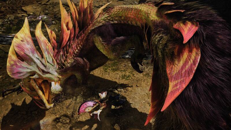 泡狐龙在水中灵活游动，猎人正准备发起攻击，水花四溅，场面极具动感