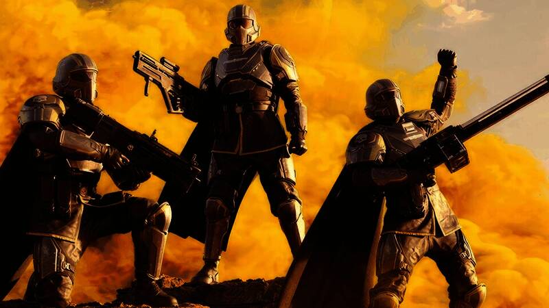 《绝地潜兵2》游戏画面展示角色协同作战场景，背景为科幻战场环境