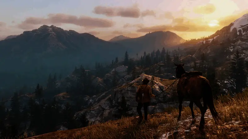 《荒野大镖客》系列角色形象展示，背景为美国西部荒野场景