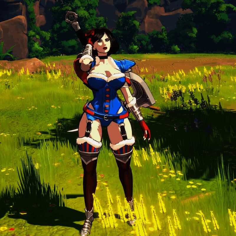 主角手持巨剑，身穿比基尼造型战衣，眼神坚定地面对敌人