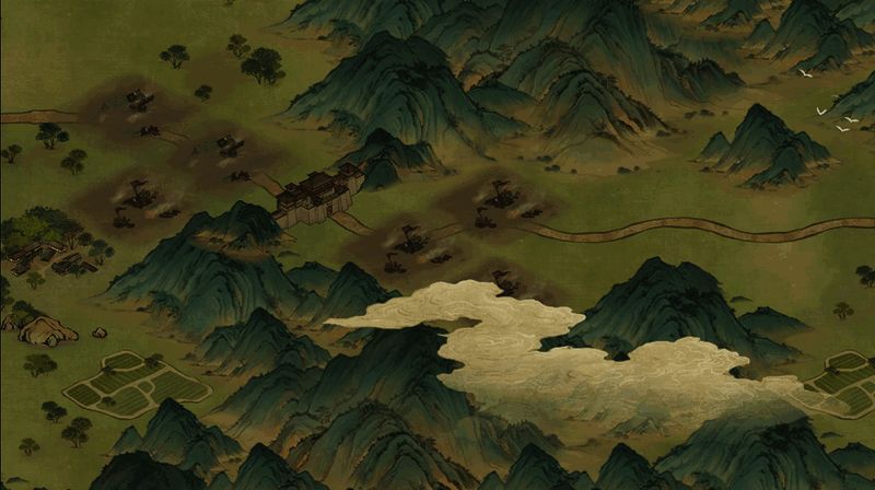 游戏中的2D水墨风地图画面，展现出浓厚的国风韵味和细腻的笔触处理