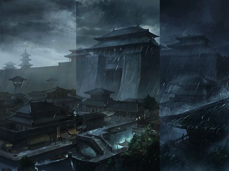 率土之滨美术风格展示，突出玄黑、绛红、蚕白三原色运用