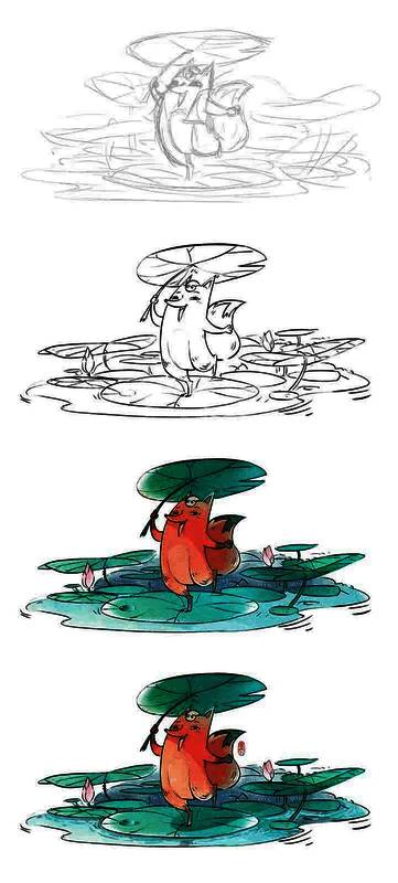 绘画草图阶段的PS界面截图显示正在勾勒小狐狸轮廓线条