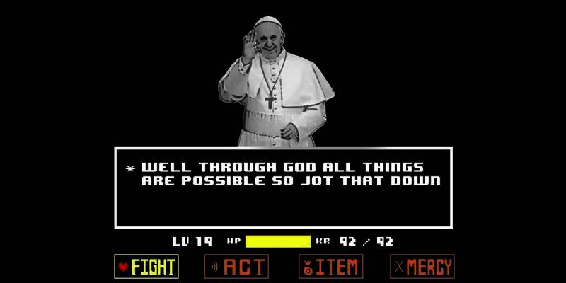 教皇方济各与视频博主MatPat合影，背景为《传说之下》游戏封面展示