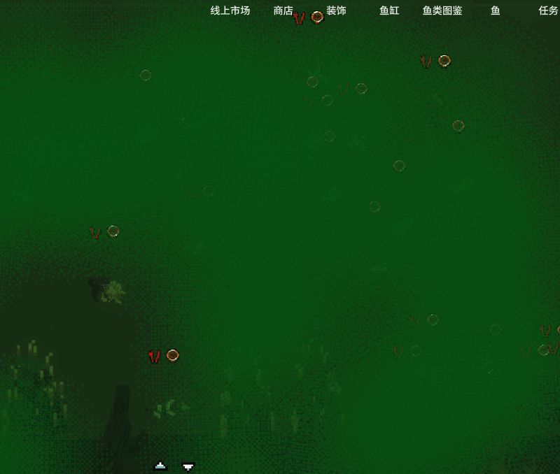 玩家正在使用清洁海绵擦拭鱼缸内部，水中的绿藻已被清除一部分