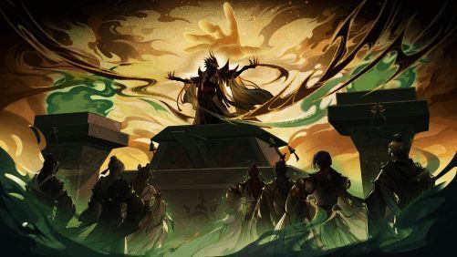 蛊修角色手持蛊虫，周身环绕绿色能量气流，背景为神秘山林