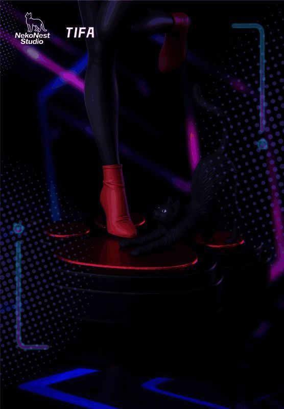 侧面视角下的蒂法猫娘雕像，毛发与服饰纹理清晰可见，做工细腻