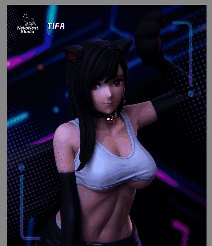 背部特写镜头下的猫娘蒂法，尾巴与服装设计相得益彰，细节满分