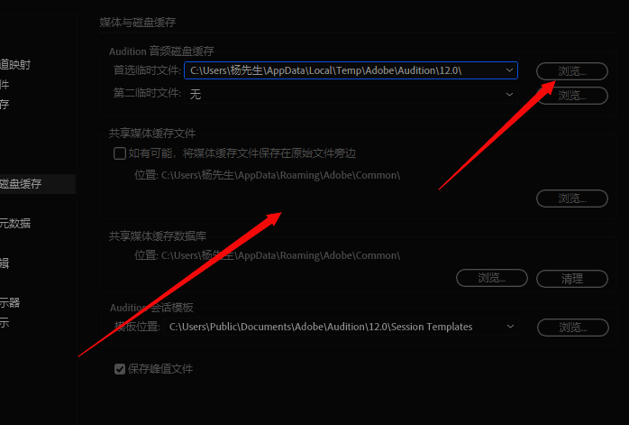 音频磁盘缓存设置区域特写显示浏览按钮位置
