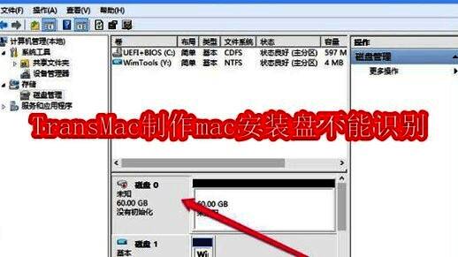 PE系统磁盘管理界面，U盘状态显示为未初始化