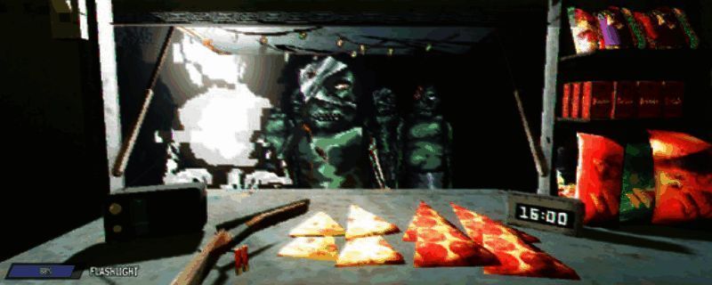 游戏画面展示一个阴森厨房环境，背景昏暗充满恐怖氛围