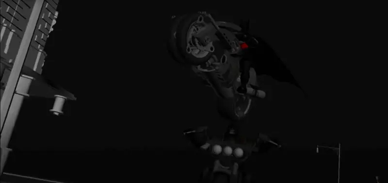 达米安·韦恩驾驶摩托车飞跃反派杀手鳄的早期开发画面