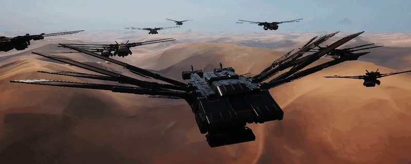 《沙丘：觉醒》中玩家驾驶飞机穿越空气墙，进入广阔无垠的深沙地图，远处可见沙丘连绵和神秘遗迹