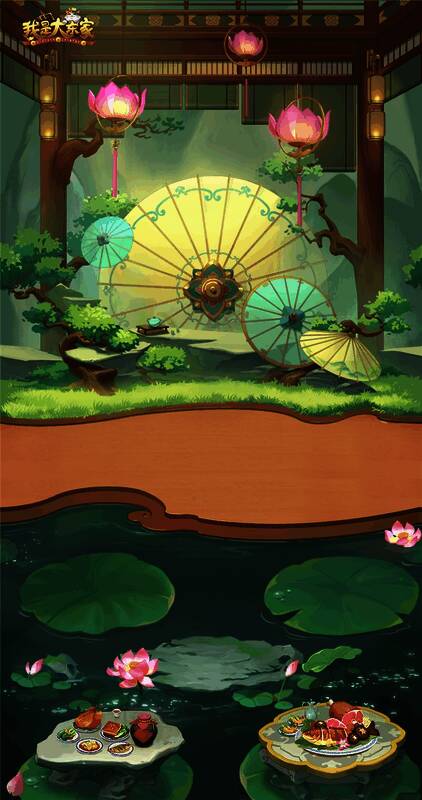 游戏中西湖绸伞联动宴会场景，背景为江南水乡风貌