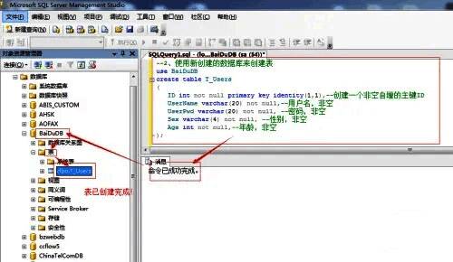 SQL Server 2008表创建完成后界面展示，左侧列出所有表名